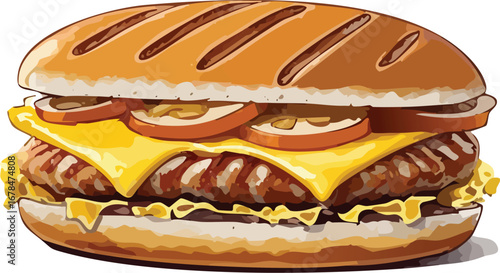 Hearty sausage and cheese sandwich with tomato slices vector