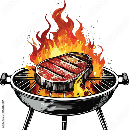 Juicy steak cooking on a hot grill with flames grilling barbecue