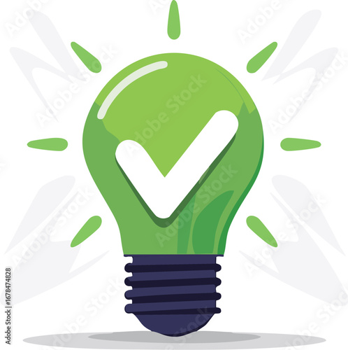 Green lightbulb with white checkmark and radiating lines idea