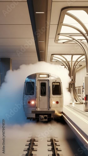 Subway train arriving at modern station with steam effects  