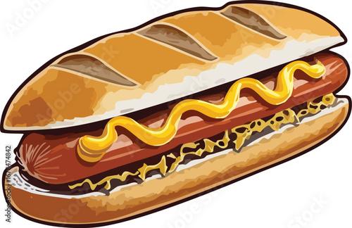 Golden Mustard Drizzled Sausage In A Toasted Bun hot dog yellow