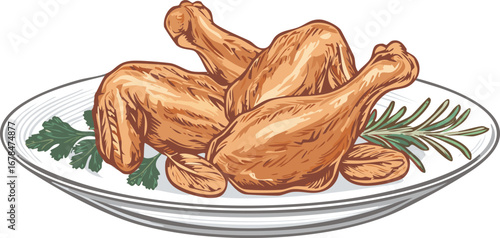 Golden brown chicken pieces with herbs and nuts on a plate poultry drumsticks