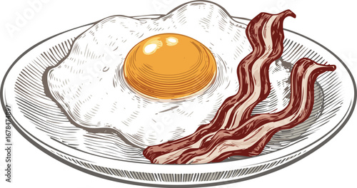 Fried egg and bacon breakfast plate food