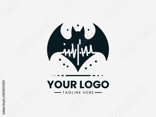 Bat in flight with ultrasonic waves and scientific elements in echolocation vector logo