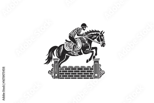 Illustration of a horse and rider jumping over a brick wall in a vintage woodcut style design created with generated ai