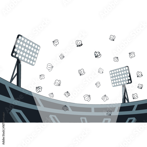 Vibrant Pixel Art of an Empty Stadium Arena with Floodlights on with White Sky Background and Dark Blue Stands
