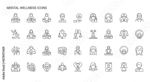 Collection of mental wellness symbols representing balance, mindfulness, and emotional health on a white backdrop, promoting inner peace and wellbeing.