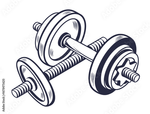 Illustration of a single dumbbell with weights on each end in black and white style design art created with generated ai
