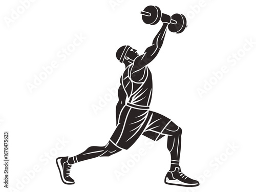 Man in athletic gear doing a lunge while holding a dumbbell overhead in a black and white illustration created with generated ai
