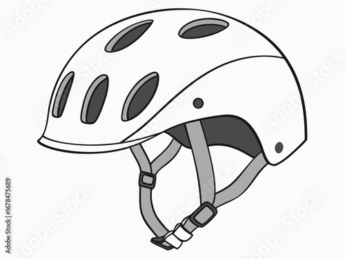 Illustration of a white bicycle helmet with ventilation holes and gray straps on a white background created with generated ai
