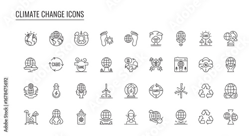 Climate change symbols representing environmental issues and solutions in a simple line style, conveying a message of urgency and global awareness.