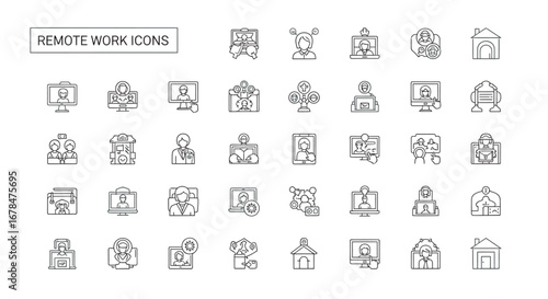 Collection of remote work symbols showing various aspects of working from home on white, conveying a modern and minimalist theme.