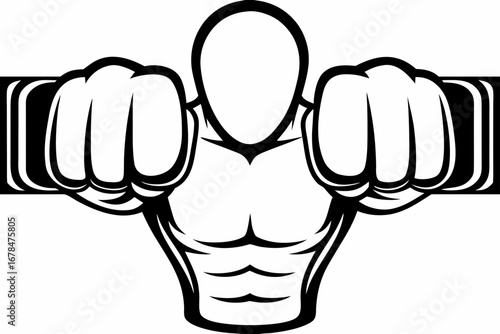 Illustration of a muscular figure with fists clenched and arms extended in a black and white design created with generated ai