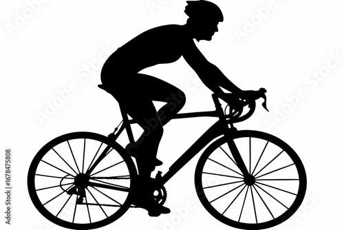 Silhouette of cyclist wearing helmet riding a bicycle on a white background in a side view image created with generated ai