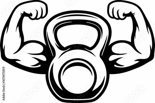 Illustration of a kettlebell with muscular arms flexing on either side in black and white design created with generated ai