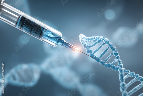 The needle is injecting a liquid solution into a DNA strand, the scene showcases advancements in science and genetics.