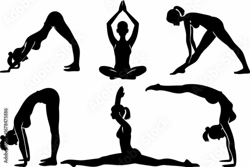 Silhouettes of women in various yoga poses including downward dog and seated meditation position created with generated ai
