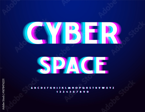 Vector Trendy icon Cyber Space. Broken Effect Font. Bright Glitched Alphabet Letters and Numbers set.