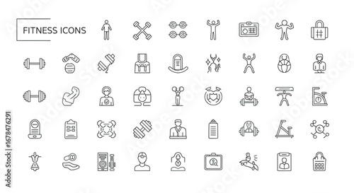 Line art fitness symbols representing workout routines and equipment for healthy lifestyle on white backdrop.
