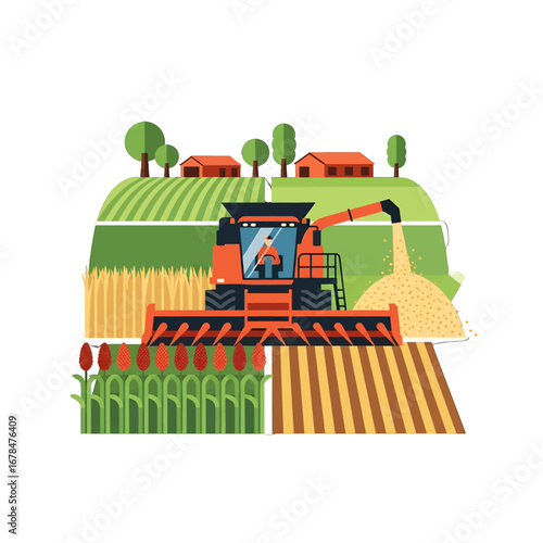 Red Combine Harvester Harvesting Wheat in Agricultural Field Under Blue Sky and Green Trees on Farm Land During Sunny Day