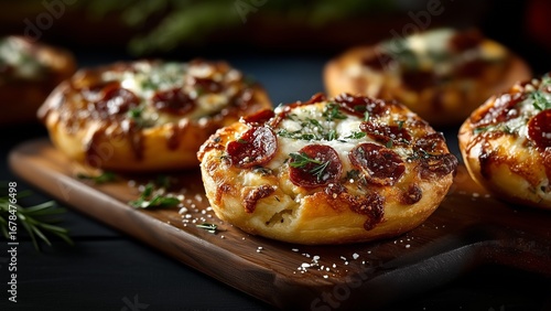 Delicious Individual-Sized Pizzas on a Wooden Board. A fantastic visual for showcasing quick and delicious comfort food.

