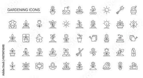 Gardening tools and plant seedlings arranged in neat rows against a white backdrop, showcasing a minimalist and clean aesthetic, ideal for instructional purposes.