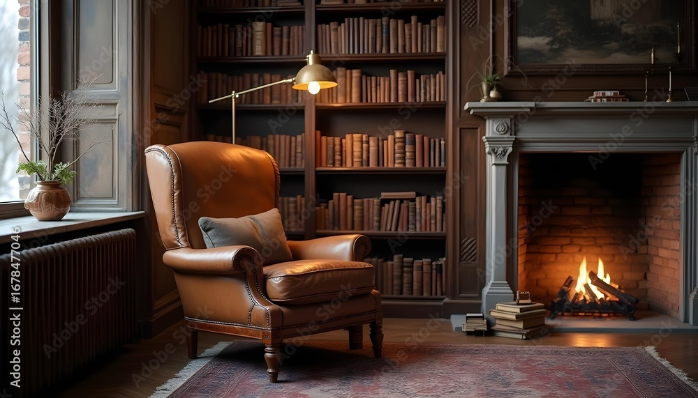 Fototapeta premium Cozy library with wingback chair and fireplace
