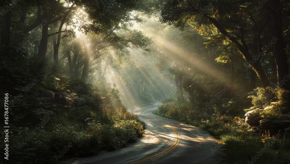 Obraz premium Sunlight streams through a misty forest road (1)