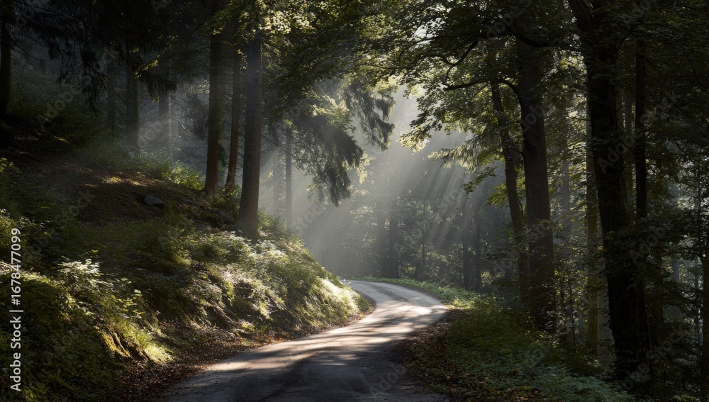 Obraz premium Sunbeams illuminating a winding forest road