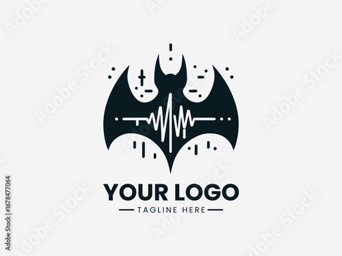 Bat in flight with ultrasonic waves and scientific elements in echolocation vector logo