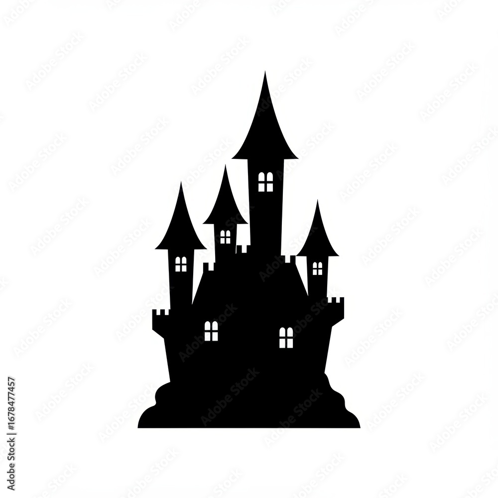 Obraz premium Silhouette of a spooky castle with pointed towers and illuminated windows against a white background.