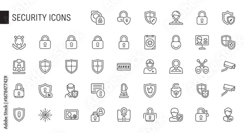 Security symbols representing data protection displayed as outline elements against a white backdrop, conveying a sense of digital safety and trust.