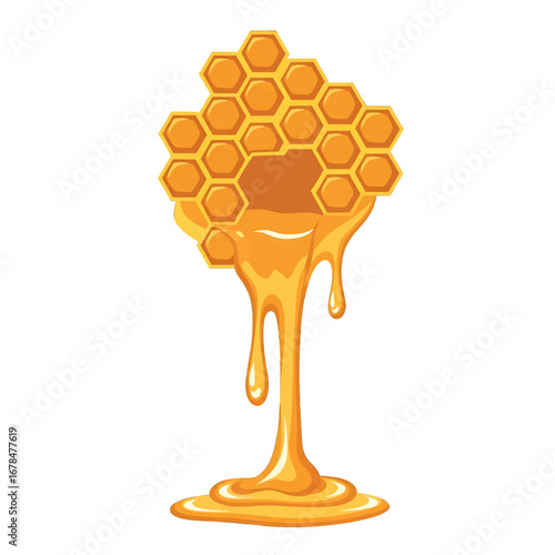 Golden Honeycomb Drip with Sweet Nectar on White Background for Natural Organic Food
