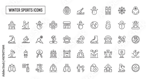 Winter sports equipment and activities depicted as line art on white backdrop showcasing minimalistic style and clean aesthetic.