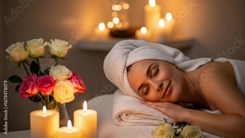 Spa Relaxation – Woman Enjoys Tranquil Glow with Candles, Towels, and Flowers - Applications for Spa and wellness advertising,Relaxation therapy promotions,self-care campaigns,Hotel /resort marketing.