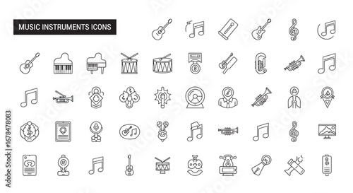 Collection of musical instruments displayed on white surface showcasing variety and precision in minimalist style.