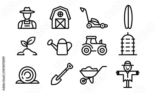 WebDelightful farming icons for your creative projects, featuring a barn, tractor, and more, perfect for illustrating agricultural concepts and rural lifestyle with a touch of simple charm
