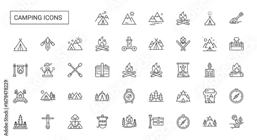 Camping equipment and outdoor adventure elements displayed as simple line art symbols representing exploration and nature in a minimalist style.