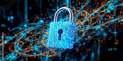 Encrypted Data and Blue Padlock: Abstract Tech Design
