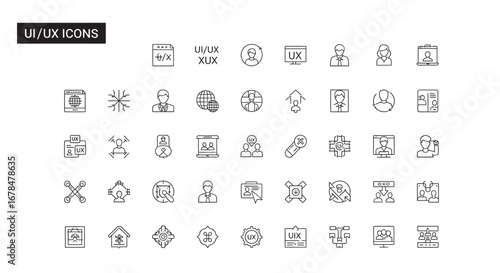 Collection of user interface elements displayed as thin line art representing various functions and features for modern digital applications.