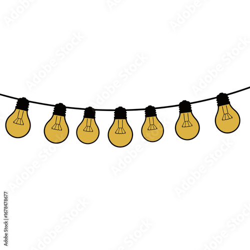 String of Warm Yellow Light Bulbs on Black Cord Isolated on White Background for Decoration and Festive Celebrations