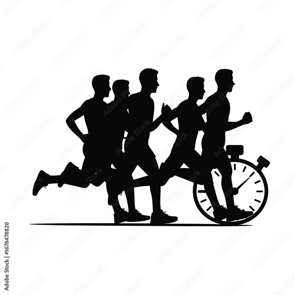 Obraz premium Stopwatch Race Team Silhouette Vector Illustration Black Design for Sport Competition and Athletic Event on White Background
