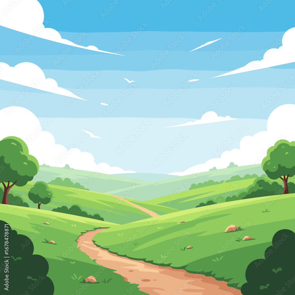 Obraz premium A serene countryside path through rolling green hills under a bright blue sky filled with fluffy white clouds