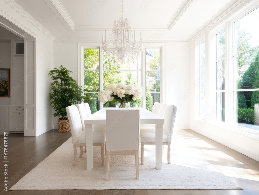Fototapeta premium White dining room with large windows and a light-colored rug.