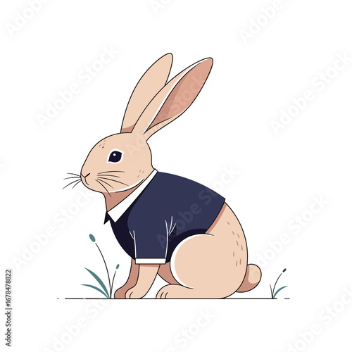 Dapper bunny dressed in a sharp navy blue suit sitting gracefully in a meadow