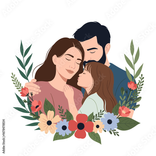 Cherishing the tender embrace of family love a beautiful portrait of parental affection and childhood innocence surrounded by nature's floral beauty