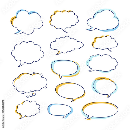 Collection of hand drawn speech bubbles and thought clouds for communication and ideas