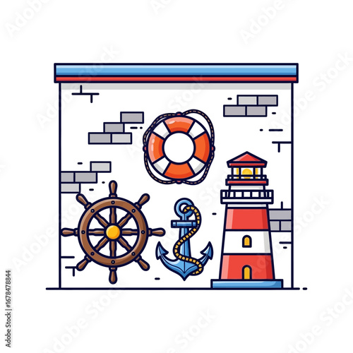 nautical decor featuring a lighthouse anchor wheel lifebuoy adorning a brick wall ideal maritime themes