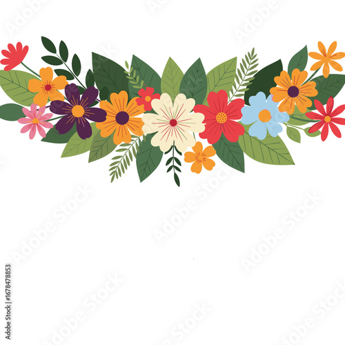 Beautiful colorful flower arrangement illustration with green leaves and petals