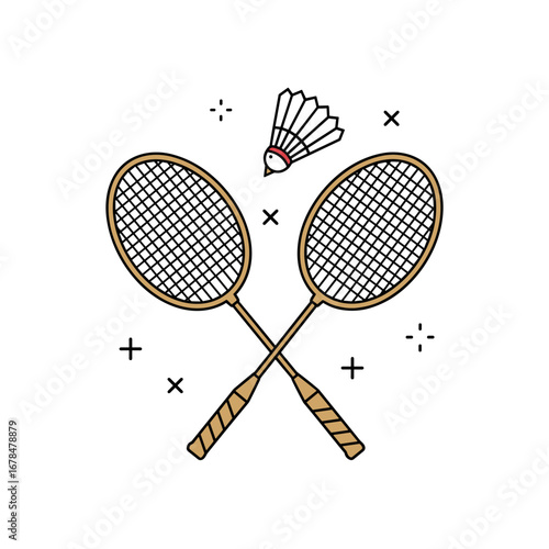 Illustration of two crossed badminton rackets and a shuttlecock on a white background